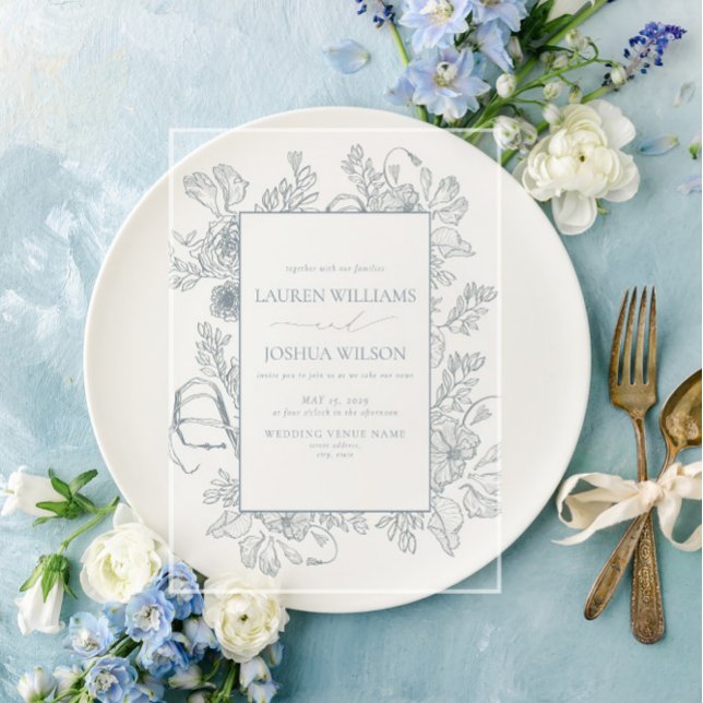 Elegant Dusty Blue Floral Line Art Wedding Acrylic Invitations (Creator Uploaded)