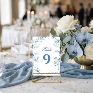 Elegant Dusty Blue Floral Line Art Wedding Table Number