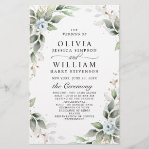 Élégant Dusty Blue Floral Mariage programme de cér