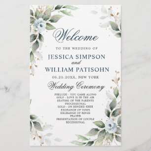 Élégant Dusty Blue Floral Mariage programme de cér