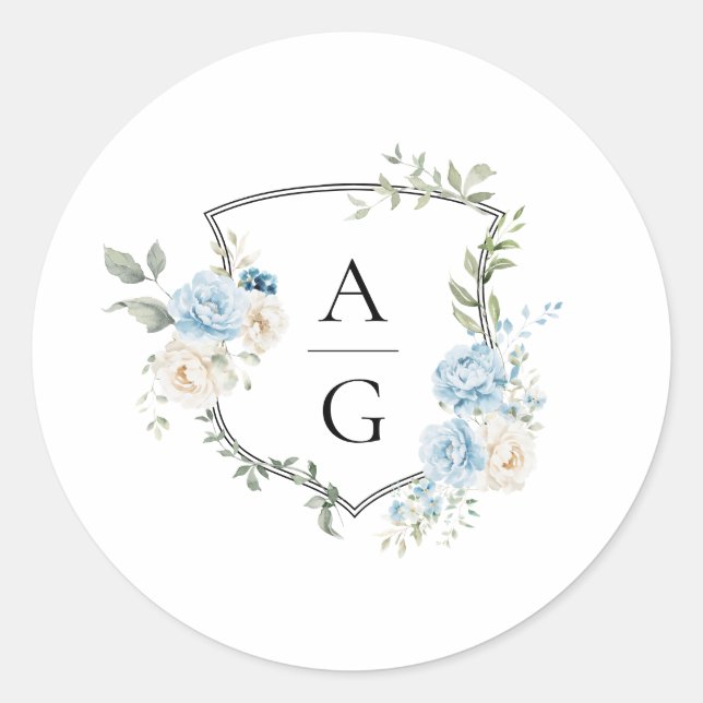 Elegant Dusty Blue Floral Monogram Crest Wedding  Classic Round Sticker (Front)