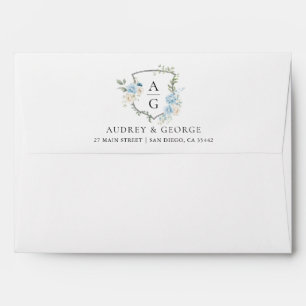 Elegant Dusty Blue Floral Monogram Crest Wedding Envelope
