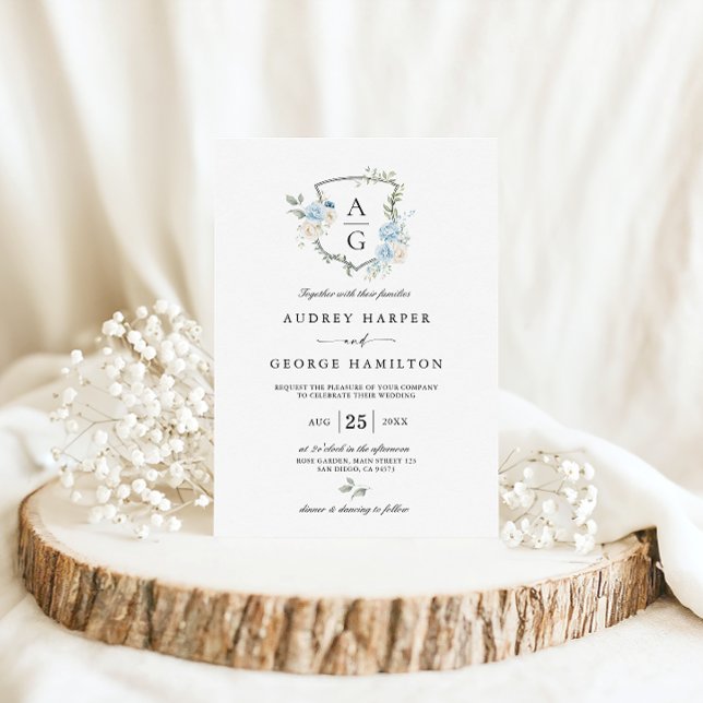 Elegant Dusty Blue Floral Monogram Crest Wedding Invitation (Creator Uploaded)