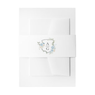 Elegant Dusty Blue Floral Monogram Crest Wedding  Invitation Belly Band