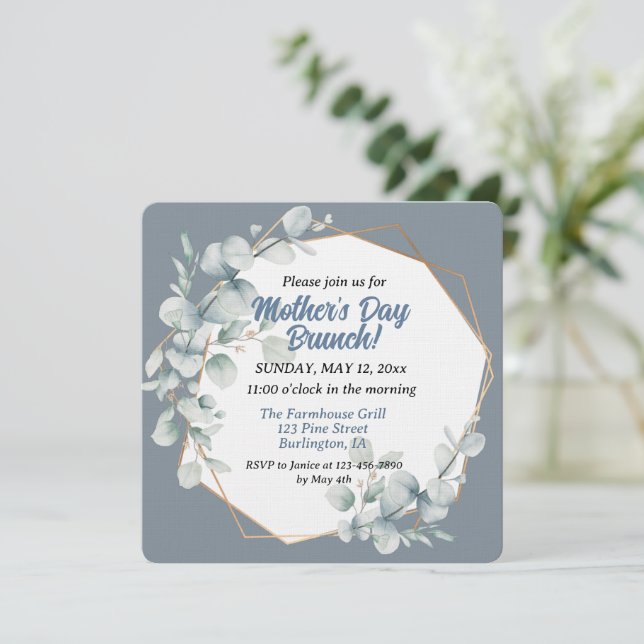 Elegant Dusty Blue Floral Mother's Day Brunch Invitation (Standing Front)
