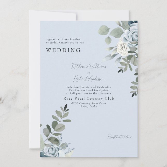 Elegant Dusty Blue Floral No Parents Wedding Invitation (Front)