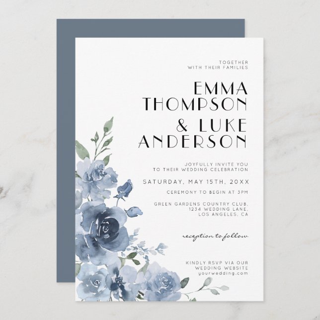 Elegant Dusty Blue Floral Pastel Wedding Invitation (Front/Back)