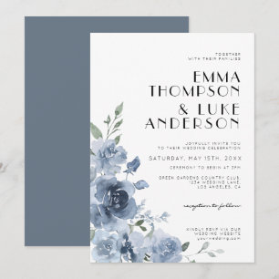Elegant Dusty Blue Floral Pastel Wedding Invitation
