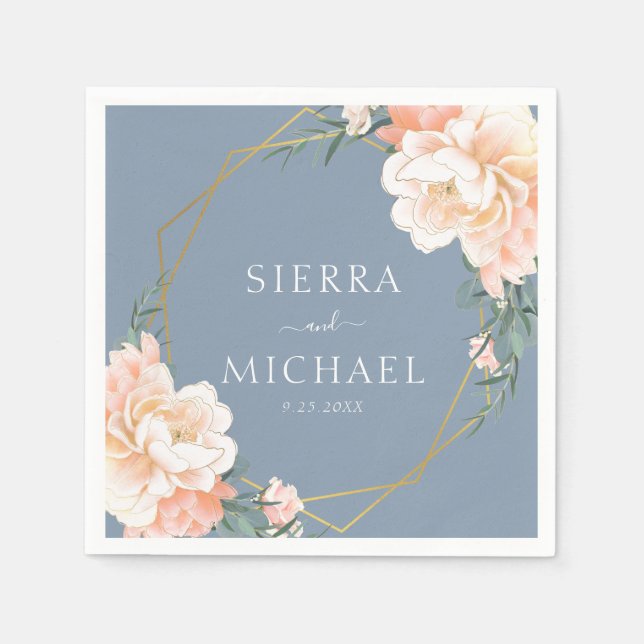 Elegant Dusty Blue Floral Peach Gold Wedding Napkin (Front)