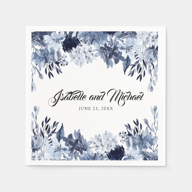 Elegant Dusty Blue Floral Personalized Napkin (Front)