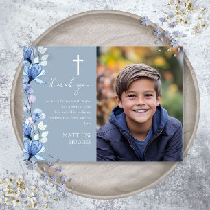 Elegant Dusty Blue Floral Photo Confirmation Thank You Card