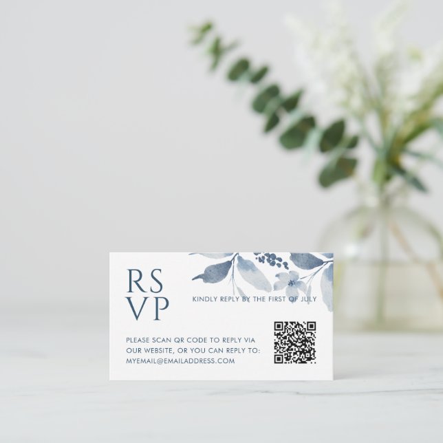 Elegant Dusty Blue Floral QR Code RSVP Wedding Enclosure Card (Standing Front)