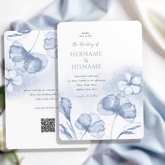 Elegant Dusty Blue Floral QR RSVP Wedding Invitation (Creator Uploaded)