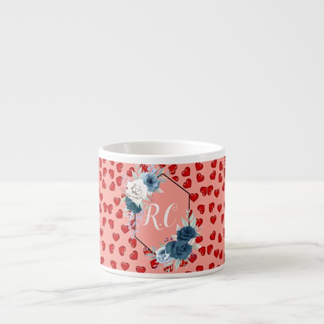 Elegant Dusty Blue Floral & Red Hearts Monogrammed Espresso Cup (Front)