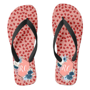 Elegant Dusty Blue Floral & Red Hearts Monogrammed Flip Flops