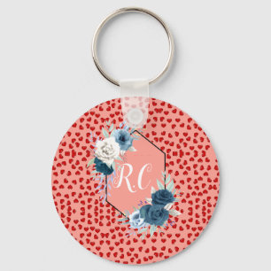 Elegant Dusty Blue Floral & Red Hearts Monogrammed Keychain
