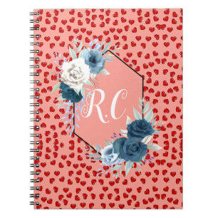 Elegant Dusty Blue Floral & Red Hearts Monogrammed Notebook