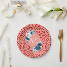 Elegant Dusty Blue Floral & Red Hearts Monogrammed