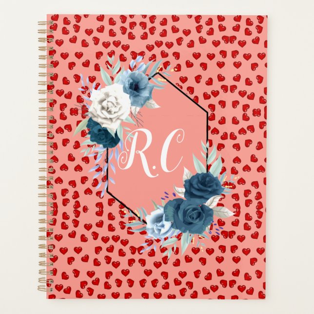 Elegant Dusty Blue Floral & Red Hearts Monogrammed Planner (Front)