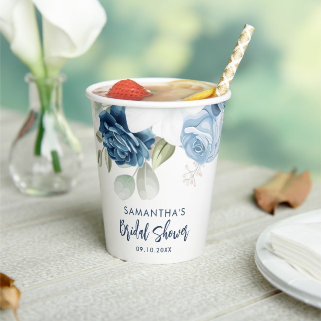 Elegant Dusty Blue Floral Script Bridal Shower Paper Cups (Insitu)