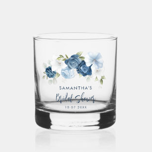 Elegant Dusty Blue Floral Script Bridal Shower Whiskey Glass