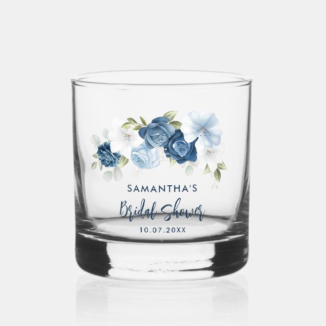Elegant Dusty Blue Floral Script Bridal Shower Whiskey Glass (Front)