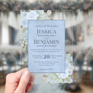 Elegant Dusty Blue Floral Stylish Text Wedding Acrylic Invitations