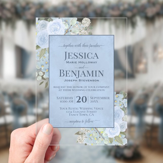 Elegant Dusty Blue Floral Stylish Text Wedding Acrylic Invitations (Clear Acrylic with Rectangle Cut)