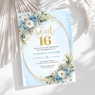 Elegant Dusty Blue Floral Sweet Sixteen Party   Invitation