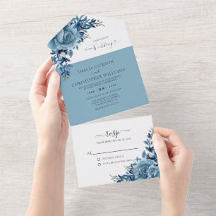 Elegant Dusty Blue Floral Watercolor Wedding All In One Invitation