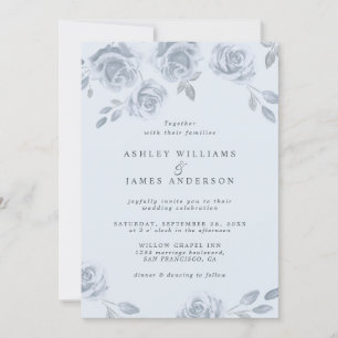 Elegant Dusty Blue Floral Watercolor Wedding Invitation