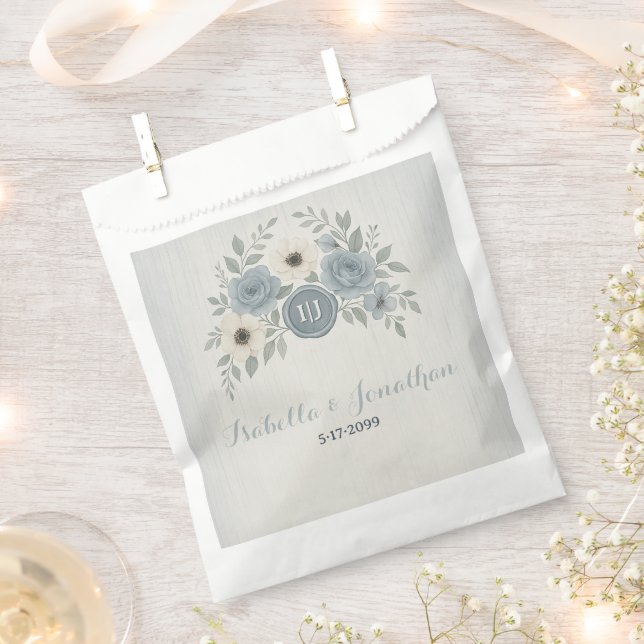 Elegant Dusty Blue Floral Wax Seal Wedding Favour Bag (Clipped)
