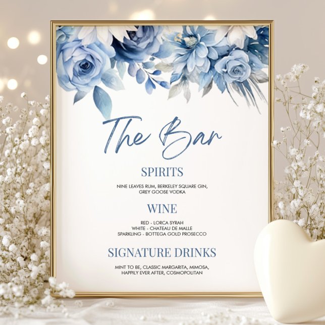 Elegant Dusty Blue Floral Wedding Bridal Bar Sign (Creator Uploaded)