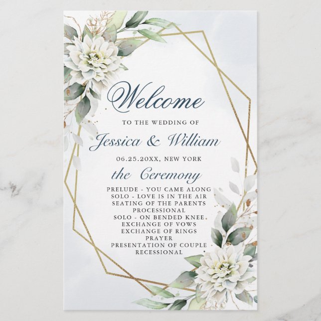 Elegant Dusty Blue Floral Wedding Ceremony Program (Front)