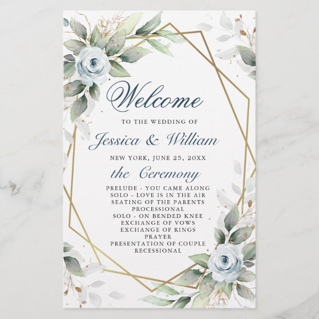 Elegant Dusty Blue Floral Wedding Ceremony Program (Front)