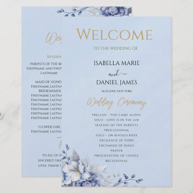 Elegant Dusty Blue Floral Wedding Ceremony Program (Front/Back)