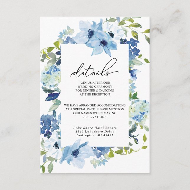 Elegant Dusty Blue Floral Wedding Enclosure Card (Front)