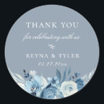 Elegant Dusty Blue Floral Wedding Favour Classic Round Sticker<br><div class="desc">Chic watercolor flowers and botanical branches in shades of dusty and navy blue,  personalized wedding favour sticker. Background shown in,  dusty blue,  can be customized. Designed to match our Elegant Shades of Blue Watercolor Floral Collection.</div>