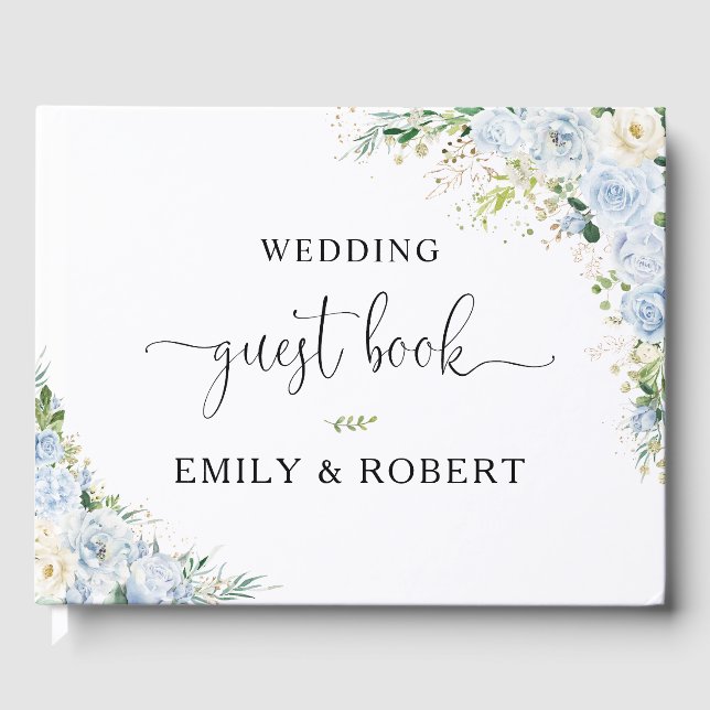 Elegant Dusty Blue Floral Wedding Guest Book (Front)