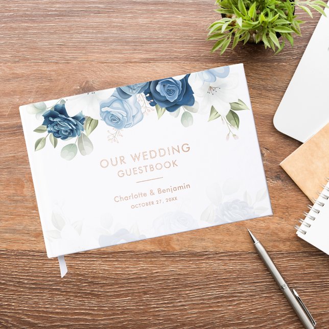 Elegant Dusty Blue Floral Wedding Guest Book (Dusty Blue Floral Wedding Rose Gold Foil Guest Book)