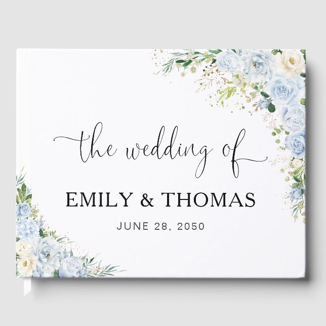 Elegant Dusty Blue Floral Wedding Guest Book (Front)