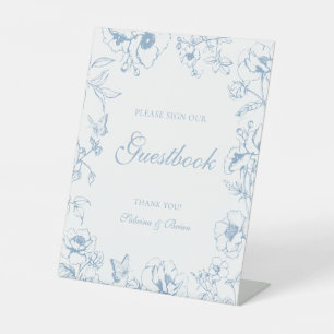 Elegant Dusty Blue Floral Wedding Guestbook Pedestal Sign