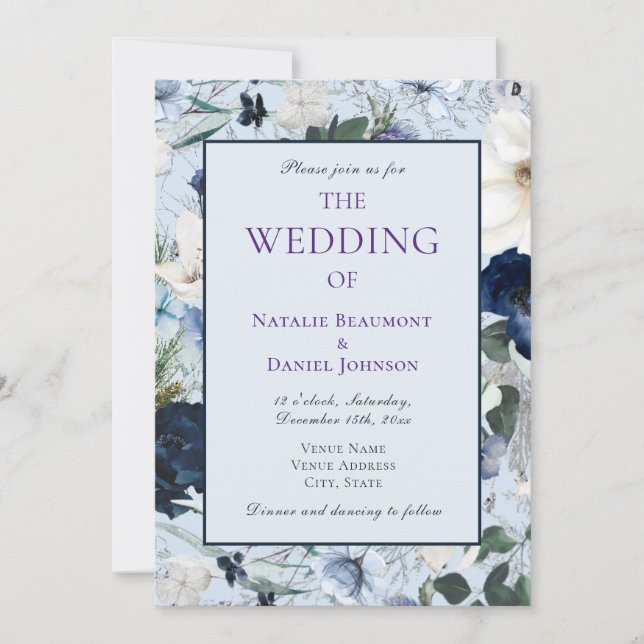 Elegant Dusty Blue Floral Wedding Invitation (Front)