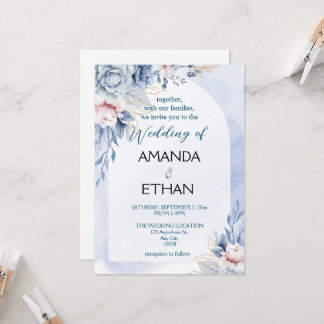 Elegant dusty blue floral wedding invitation