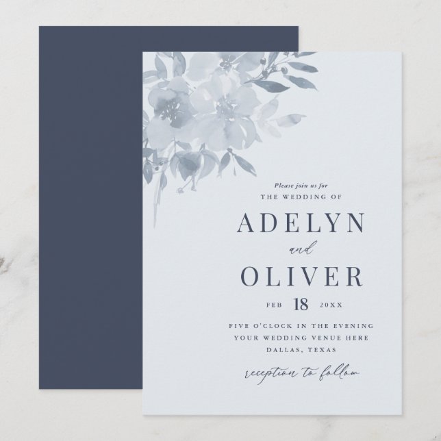 Elegant Dusty Blue Floral Wedding Invitation (Front/Back)