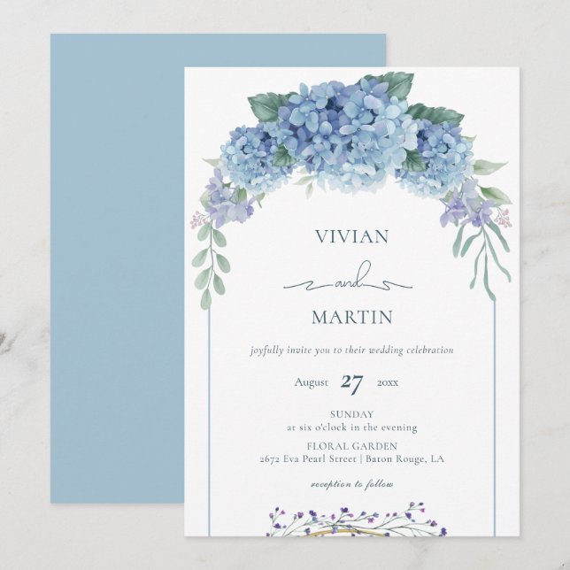 Elegant Dusty Blue Floral Wedding Invitation (Front/Back)