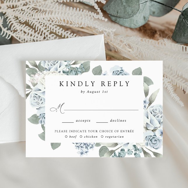 Elegant Dusty Blue Floral Wedding Meal Choice RSVP Card (Creator Uploaded)