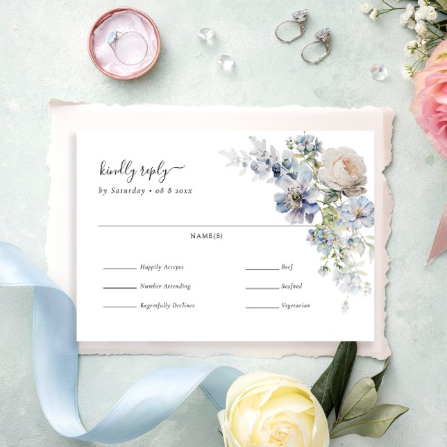 Elegant Dusty Blue Floral Wedding Meal Choice RSVP Card (Creator Uploaded)