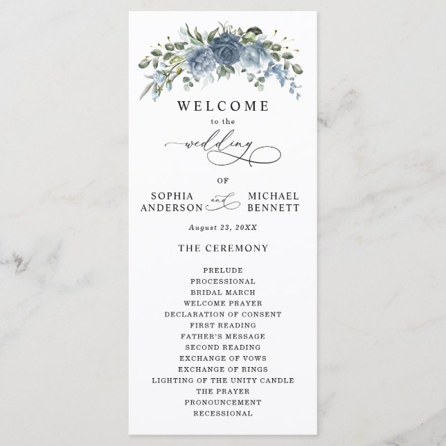 Elegant Dusty Blue Floral Wedding Program (Front)