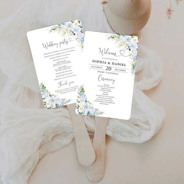 Elegant Dusty Blue Floral Wedding Program  Hand Fan (Creator Uploaded)